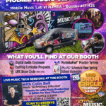 JerseySurf Colorful flyer for the Jersey Surf Mobile Music Lab at NJMEA, featuring a decorated van, event details, music tech sessions, an interactive drum circle, and highlights of classroom features like digital audio and practice systems.
