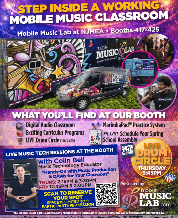 JerseySurf Colorful flyer for the Jersey Surf Mobile Music Lab at NJMEA, featuring a decorated van, event details, music tech sessions, an interactive drum circle, and highlights of classroom features like digital audio and practice systems.