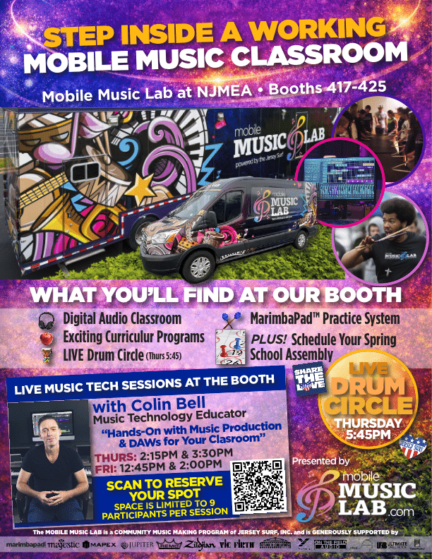 JerseySurf Colorful flyer for the Jersey Surf Mobile Music Lab at NJMEA, featuring a decorated van, event details, music tech sessions, an interactive drum circle, and highlights of classroom features like digital audio and practice systems.