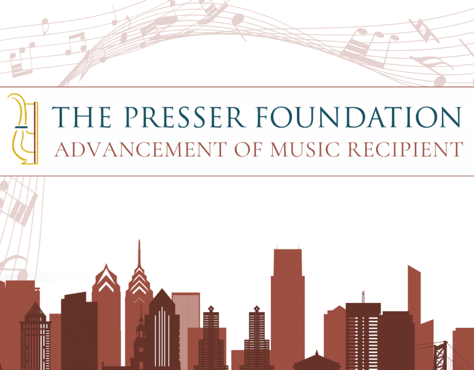 JerseySurf The Presser Foundation Advancement of Music Recipient banner with musical notes above a city skyline in red tones.