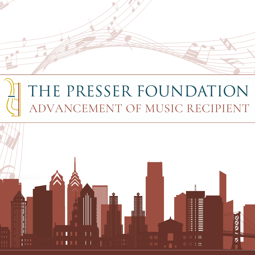 JerseySurf The Presser Foundation Advancement of Music Recipient banner with musical notes above a city skyline in red tones.