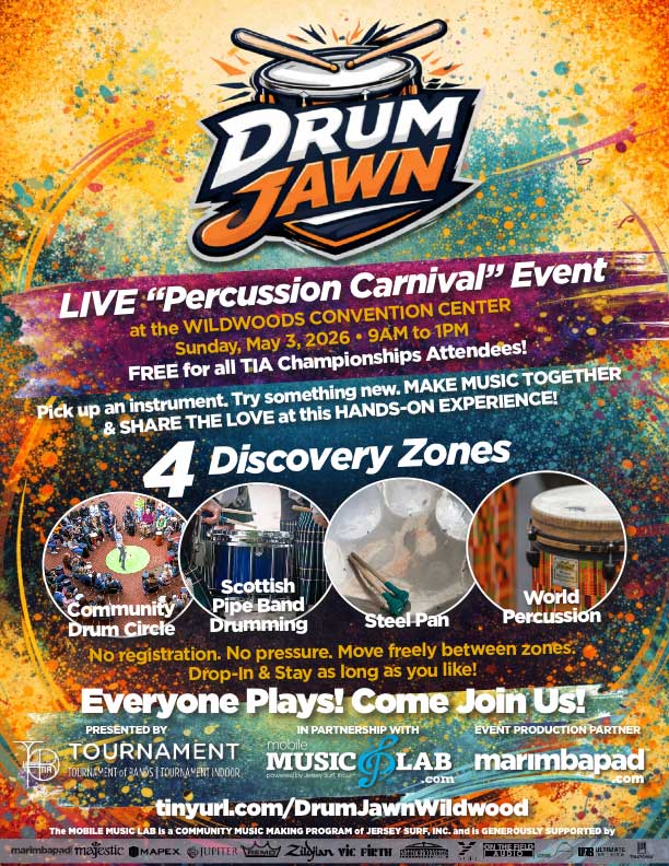 JerseySurf Colorful event flyer for Drum Jawn, a percussion carnival on May 5, 2026, at Wildwoods Convention Center, featuring four discovery zones: Community Drum Circle, Scottish Pipe Band Drumming, Steel Pan, and World Percussion.