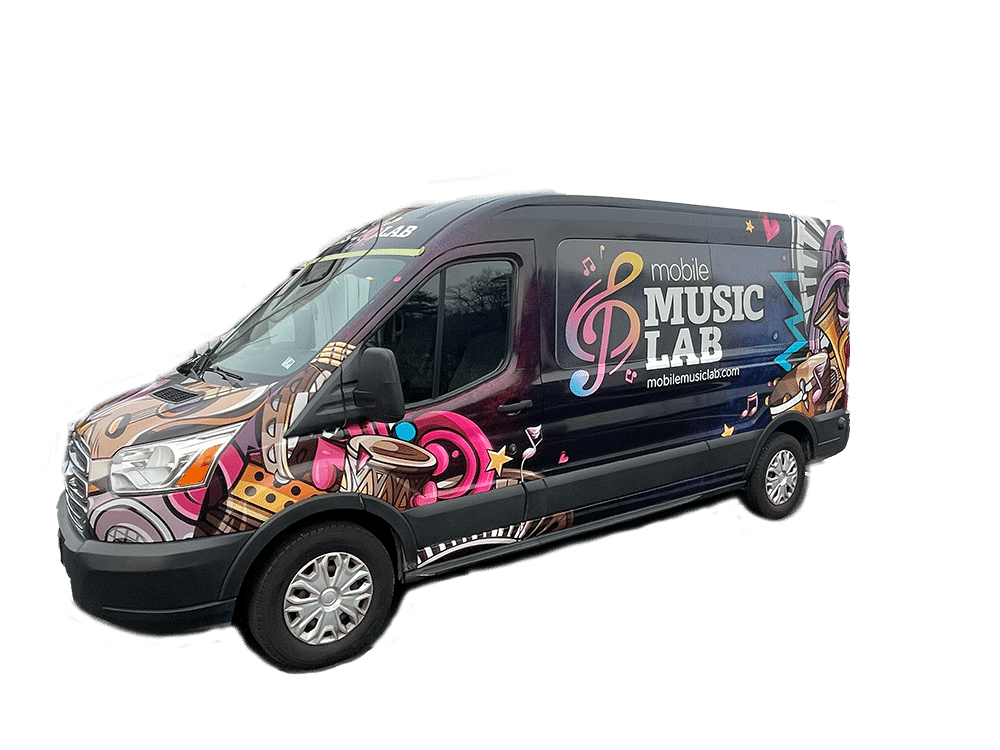 JerseySurf A colorful van decorated with musical instruments and notes, featuring the text Mobile Music Lab and a website address on its side. The background is plain white.